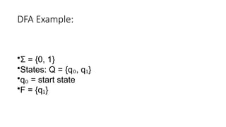 DFA Example:
•Σ = {0, 1}
•States: Q = {q , q }
₀ ₁
•q = start state
₀
•F = {q }
₁
 