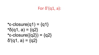 For δ′(q1, a):
•ε-closure(q1) = {q1}
•δ(q1, a) = {q2}
•ε-closure({q2}) = {q2}
δ′(q1, a) = {q2}
 