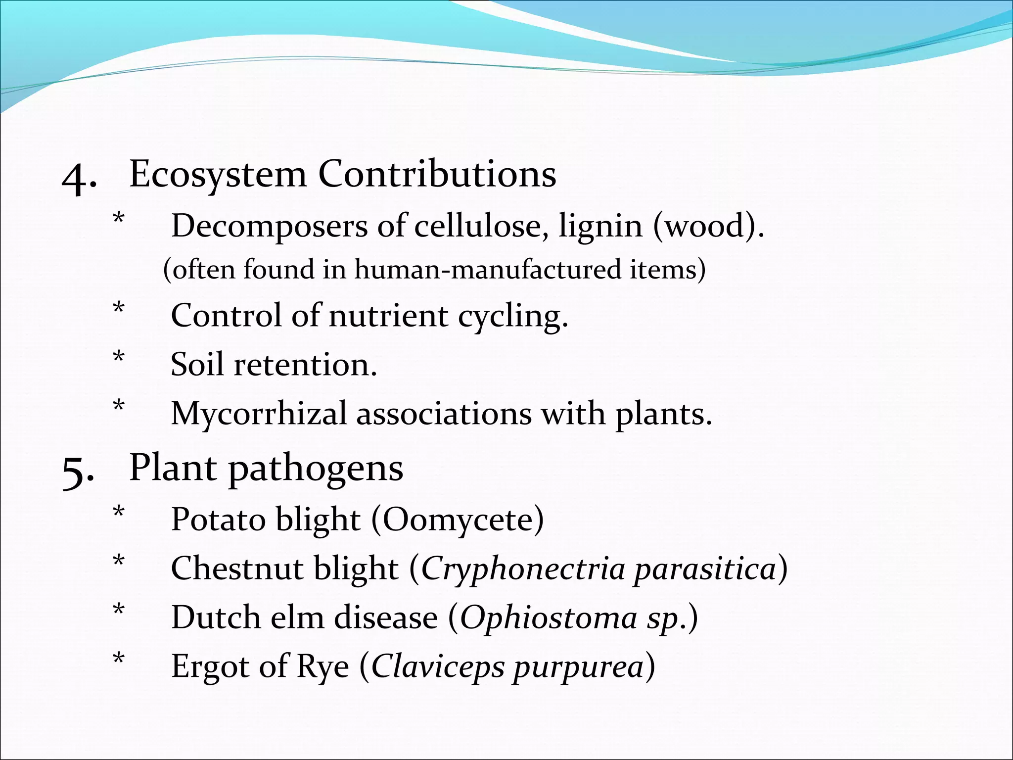4. Ecosystem Contributions
* Decomposers of cellulose, lignin (wood).
(often found in human-manufactured items)
* Control of nutrient cycling.
* Soil retention.
* Mycorrhizal associations with plants.
5. Plant pathogens
* Potato blight (Oomycete)
* Chestnut blight (Cryphonectria parasitica)
* Dutch elm disease (Ophiostoma sp.)
* Ergot of Rye (Claviceps purpurea)
 