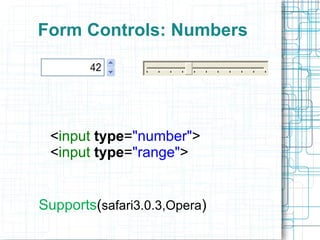 Form Controls: Numbers < input   type = "number" > < input   type = "range" > Supports ( safari3.0.3,Opera ) 