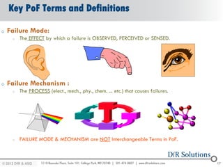 Key PoF Terms and Definitions

o   Failure Mode:
     o   The EFFECT by which a failure is OBSERVED, PERCEIVED or SENSED.




o   Failure Mechanism :
     o   The PROCESS (elect., mech., phy., chem. ... etc.) that causes failures.




     o   FAILURE MODE & MECHANISM are NOT Interchangeable Terms in PoF.



© 2012 DfR2007
© 2011 - 2010
   2004 & ASQ                                                                      17
 