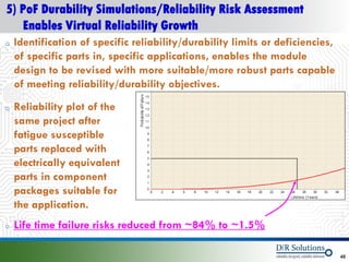 5) PoF Durability Simulations/Reliability Risk Assessment
   Enables Virtual Reliability Growth
o   Identification of specific reliability/durability limits or deficiencies,
    of specific parts in, specific applications, enables the module
    design to be revised with more suitable/more robust parts capable
    of meeting reliability/durability objectives.
o   Reliability plot of the
    same project after
    fatigue susceptible
    parts replaced with
    electrically equivalent
    parts in component
    packages suitable for
    the application.
o   Life time failure risks reduced from ~84% to ~1.5%

© 2012 DfR2007
© 2011 - 2010
   2004 & ASQ                                                                   48
 