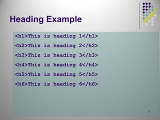 29
Heading Example
<h1>This is heading 1</h1>
<h2>This is heading 2</h2>
<h3>This is heading 3</h3>
<h4>This is heading 4</h4>
<h5>This is heading 5</h5>
<h6>This is heading 6</h6>
 