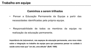 Caminhos a serem trilhados
• Pensar a Educação Permanente da Equipe a partir das
necessidades identificadas pela própria equipe.
• Responsabilidade de todos os membros da equipe na
realização da educação permanente.
Importância de (re)construir, nos espaços de educação permanente, uma nova visão
sobre a integração no trabalho de equipe para que possamos pensar no cuidado à
saúde como mais que “um ato, uma atitude” (Boff, 1999)
Trabalho em equipe
 