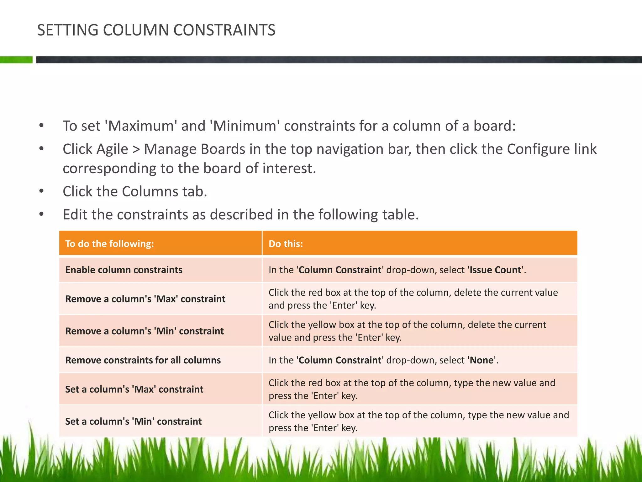 SETTING COLUMN CONSTRAINTS
• To set 'Maximum' and 'Minimum' constraints for a column of a board:
• Click Agile > Manage Boards in the top navigation bar, then click the Configure link
corresponding to the board of interest.
• Click the Columns tab.
• Edit the constraints as described in the following table.
To do the following: Do this:
Enable column constraints In the 'Column Constraint' drop-down, select 'Issue Count'.
Remove a column's 'Max' constraint
Click the red box at the top of the column, delete the current value
and press the 'Enter' key.
Remove a column's 'Min' constraint
Click the yellow box at the top of the column, delete the current
value and press the 'Enter' key.
Remove constraints for all columns In the 'Column Constraint' drop-down, select 'None'.
Set a column's 'Max' constraint
Click the red box at the top of the column, type the new value and
press the 'Enter' key.
Set a column's 'Min' constraint
Click the yellow box at the top of the column, type the new value and
press the 'Enter' key.
 
