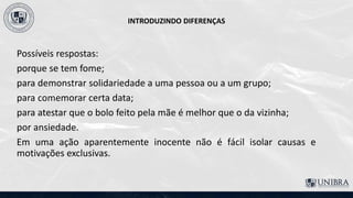INTRODUZINDO DIFERENÇAS
Possíveis respostas:
porque se tem fome;
para demonstrar solidariedade a uma pessoa ou a um grupo;
para comemorar certa data;
para atestar que o bolo feito pela mãe é melhor que o da vizinha;
por ansiedade.
Em uma ação aparentemente inocente não é fácil isolar causas e
motivações exclusivas.
 