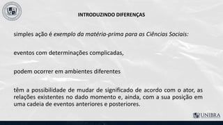INTRODUZINDO DIFERENÇAS
simples ação é exemplo da matéria-prima para as Ciências Sociais:
eventos com determinações complicadas,
podem ocorrer em ambientes diferentes
têm a possibilidade de mudar de significado de acordo com o ator, as
relações existentes no dado momento e, ainda, com a sua posição em
uma cadeia de eventos anteriores e posteriores.
 