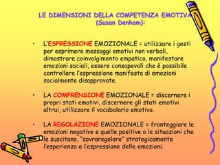 LE DIMENSIONI DELLA COMPETENZA EMOTIVA
(Susan Denham):
• L’ESPRESSIONE EMOZIONALE = utilizzare i gesti
per esprimere messaggi emotivi non verbali,
dimostrare coinvolgimento empatico, manifestare
emozioni sociali, essere consapevoli che è possibile
controllare l’espressione manifesta di emozioni
socialmente disapprovate.
• LA COMPRENSIONE EMOZIONALE = discernere i
propri stati emotivi, discernere gli stati emotivi
altrui, utilizzare il vocabolario emotivo.
• LA REGOLAZIONE EMOZIONALE = fronteggiare le
emozioni negative e quelle positive o le situazioni che
le suscitano, “sovraregolare” strategicamente
l’esperienza e l’espressione delle emozioni.
 