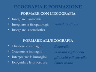 ECOGRAFIA E FORMAZIONE
FORMARE CON L’ECOGRAFIA
• Insegnare l’anatomia
• Insegnare la fisiopatologia
• Insegnare la semeiotica
FORMARE ALL’ECOGRAFIA
• Chiedere le immagini
• Ottenere le immagini
• Interpretare le immagini
• Ecoguidare le procedure
visual medicine
il cervello
la mano e gli occhi
gli occhi e il cervello
l’altra mano
 