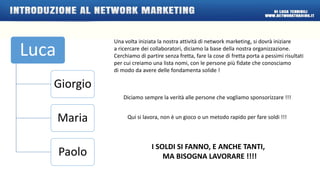 Luca 
Giorgio 
Maria 
Paolo 
Una volta iniziata la nostra attività di network marketing, si dovrà iniziare 
a ricercare dei collaboratori, diciamo la base della nostra organizzazione. 
Cerchiamo di partire senza fretta, fare la cose di fretta porta a pessimi risultati 
per cui creiamo una lista nomi, con le persone più fidate che conosciamo 
di modo da avere delle fondamenta solide ! 
Diciamo sempre la verità alle persone che vogliamo sponsorizzare !!! 
Qui si lavora, non è un gioco o un metodo rapido per fare soldi !!! 
I SOLDI SI FANNO, E ANCHE TANTI, 
MA BISOGNA LAVORARE !!!! 
 