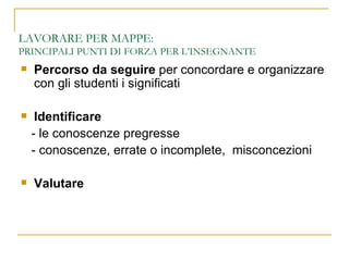 LAVORARE PER MAPPE:  PRINCIPALI PUNTI DI FORZA PER L’INSEGNANTE Percorso da seguire  per concordare e organizzare con gli studenti i significati Identificare   - le conoscenze pregresse - conoscenze, errate o incomplete,  misconcezioni Valutare   