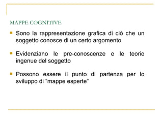 MAPPE COGNITIVE Sono la rappresentazione grafica di ciò che un soggetto conosce di un certo argomento Evidenziano le pre-conoscenze e le teorie ingenue del soggetto Possono essere il punto di partenza per lo sviluppo di “mappe esperte” 