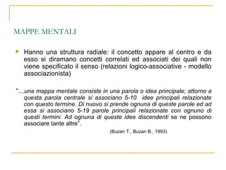MAPPE MENTALI Hanno una struttura radiale: il concetto appare al centro e da esso si diramano concetti correlati ed associati dei quali non viene specificato il senso (relazioni logico-associative - modello associazionista) “… una mappa mentale consiste in una parola o idea principale; attorno a questa parola centrale si associano 5-10  idee principali relazionate con questo termine. Di nuovo si prende ognuna di queste parole ed ad essa si associano 5-19 parole principali relazionate con ognuno di questi termini. Ad ognuna di queste idee discendenti  se ne possono associare tante altre”. (Buzan T., Buzan B., 1993) 