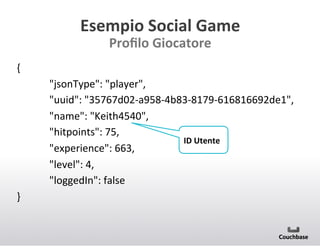 Esempio+Social+Game++
Proﬁlo+Giocatore+

{(
("jsonType":("player",(
("uuid":("35767d02Ba958B4b83B8179B616816692de1",(
("name":("Keith4540",(
("hitpoints":(75,(
ID+Utente+
("experience":(663,(
("level":(4,(
("loggedIn":(false(
}(
(

 