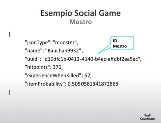 Esempio+Social+Game+
Mostro+

{(
ID+
("jsonType":("monster",(
Mostro+
("name":("Bauchan9932",(
("uuid":("d10dfc1bB0412B4140Bb4ecBaﬀdbf2aa5ec",(
("hitpoints":(370,(
("experienceWhenKilled":(52,(
("itemProbability":(0.5050581341872865(

}(

 