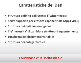 CaraMerisCche+dei+DaC+
•  StruMura+deﬁnita+dall’utente+(TwiMer+feeds)+
•  Serve+supporto+per+crescita+esponenziale+(Apps+virali)+
•  StruMura+dei+daC+non+omogenea+
•  C’e’+necessita’+di+cambiare+struMura+frequentemente+
•  Lunghezza+dei+documenC+variabile+
•  StruMura+dei+daC+gerarchica+

+

Couchbase+e’+la+scelta+ideale+
+

 