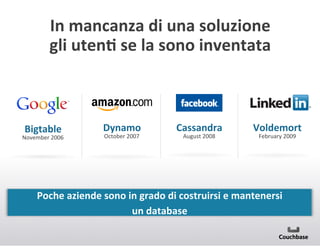 In+mancanza+di+una+soluzione+
gli+utenC+se+la+sono+inventata+

Bigtable+

November(2006(

Dynamo+
October(2007(

Cassandra+
August(2008(

Voldemort+
February(2009(

Poche+aziende+sono+in+grado+di+costruirsi+e+mantenersi++
un+database+

 