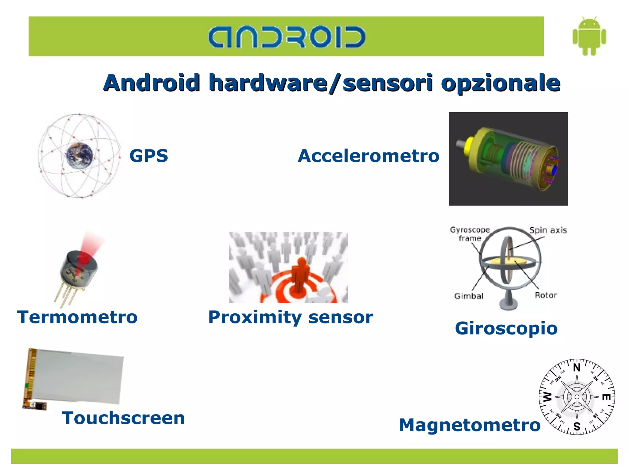 Android hardware/sensori opzionale


         GPS             Accelerometro




Termometro       Proximity sensor
                                         Giroscopio




   Touchscreen                      Magnetometro
 