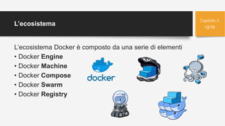L’ecosistema
L’ecosistema Docker è composto da una serie di elementi
• Docker Engine
• Docker Machine
• Docker Compose
• Docker Swarm
• Docker Registry
12/19
Capitolo 3
 