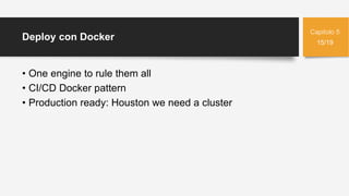 Deploy con Docker 15/19
Capitolo 5
• One engine to rule them all
• CI/CD Docker pattern
• Production ready: Houston we need a cluster
 