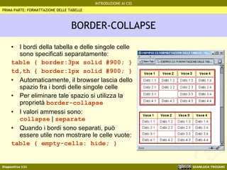 BORDER-COLLAPSE I bordi della tabella e delle singole celle sono specificati separatamente: table { border:3px solid #900; } td,th { border:1px solid #900; } Automaticamente, il browser lascia dello spazio fra i bordi delle singole celle Per eliminare tale spazio si utilizza la proprietà  border-collapse I valori ammessi sono: collapse  |  separate Quando i bordi sono separati, può essere utile non mostrare le celle vuote: table { empty-cells: hide; } PRIMA PARTE: FORMATTAZIONE DELLE TABELLE 