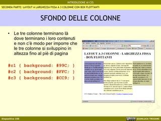 SFONDO DELLE COLONNE Le tre colonne terminano là dove terminano i loro contenuti e non c’è modo per imporre che le tre colonne si sviluppino in altezza fino al piè di pagina #c1 { background: #99C; } #c2 { background: #FFC; } #c3 { background: #CC9; } SECONDA PARTE: LAYOUT A LARGHEZZA FISSA A 3 COLONNE CON BOX FLOTTANTI 