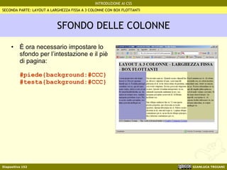 SFONDO DELLE COLONNE È ora necessario impostare lo sfondo per l’intestazione e il piè di pagina: #piede{background:#CCC} #testa{background:#CCC} SECONDA PARTE: LAYOUT A LARGHEZZA FISSA A 3 COLONNE CON BOX FLOTTANTI 