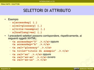 SELETTORI DI ATTRIBUTO Esempio a[accesskey] {…} a[rel=glossary] {…} a[title~=esempio] {…} a[hreflang|=en] {…} I precedenti selettori possono corrispondere, rispettivamente, ai seguenti oggetti XHTML: <a  accesskey ="0" …>…</a>  oppure  <a  accesskey ="k" …>…</a> <a  rel="glossary"  …>…</a> <a  title= "titolo di  esempio " …>…</a> <a  rel =" en " …>…</a>  oppure <a  rel =" en - en " …>…</a>  ovvero  <a  rel =" en -us" …>…</a> PRIMA PARTE: I SELETTORI 