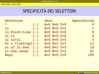 SPECIFICITÀ DEI SELETTORI Selettore  Pesi  Specificità *  {…}  A=0 B=0 C=0  0 li  {…}  A=0 B=0 C=1  1 li:first-line {…}  A=0 B=0 C=2  2 ul li  {…}  A=0 B=0 C=2  2 ul ol+li  {…}  A=0 B=0 C=3  3 h1 + *[rel=up]{…}  A=0 B=1 C=1  11 ul ol li.red  {…}  A=0 B=1 C=3  13 li.elm.level  {…}  A=0 B=2 C=1  21 #xyz  {…}  A=1 B=0 C=0  100 PRIMA PARTE: I SELETTORI 
