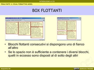 BOX FLOTTANTI Blocchi flottanti consecutivi si dispongono uno di fianco all’altro Se lo spazio non è sufficiente a contenere i diversi blocchi, quelli in eccesso sono disposti al di sotto degli altri PRIMA PARTE: IL VISUAL FORMATTING MODEL 