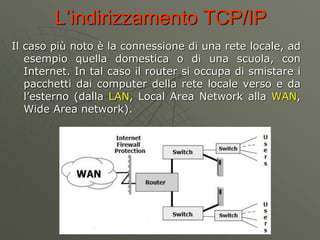 L’indirizzamento TCP/IP
Il caso più noto è la connessione di una rete locale, ad
esempio quella domestica o di una scuola,...