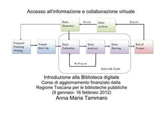 Accesso all'informazione e collaborazione virtuale Introduzione alla Biblioteca digitale Corso di aggiornamento finanziato dalla  Regione Toscana per le biblioteche pubbliche (9 gennaio- 16 febbraio 2012) Anna Maria Tammaro 