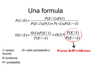 Una formula
I= ipotesi O= odds (probabilità a
favore)
E=evidenza
P= probabilità
Forza dell’evidenza
 