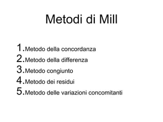 Metodi di Mill
1.Metodo della concordanza
2.Metodo della differenza
3.Metodo congiunto
4.Metodo dei residui
5.Metodo delle variazioni concomitanti
 