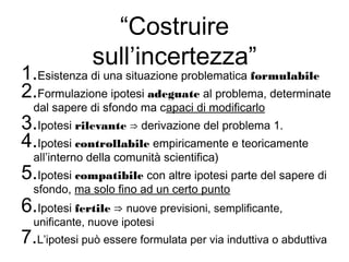 “Costruire
sull’incertezza”
1.Esistenza di una situazione problematica formulabile
2.Formulazione ipotesi adeguate al problema, determinate
dal sapere di sfondo ma capaci di modificarlo
3.Ipotesi rilevante ⇒ derivazione del problema 1.
4.Ipotesi controllabile empiricamente e teoricamente
all’interno della comunità scientifica)
5.Ipotesi compatibile con altre ipotesi parte del sapere di
sfondo, ma solo fino ad un certo punto
6.Ipotesi fertile ⇒ nuove previsioni, semplificante,
unificante, nuove ipotesi
7.L’ipotesi può essere formulata per via induttiva o abduttiva
 