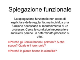 Spiegazione funzionale
La spiegazione funzionale non cerca di
esplicitare delle regolarità, ma individua una
funzione necessaria al mantenimento di un
processo. Cerca le condizioni necessarie e
sufficienti perché un determinato processo si
attui.
•Perché gli uomini hanno i polmoni? A che
scopo? Quale è il loro ruolo?
•Perché le piante hanno la clorofilla?
 