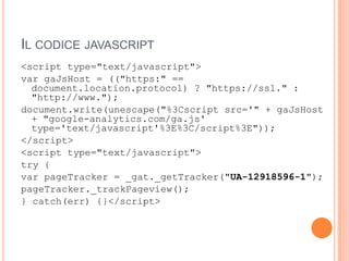 Il codice javascript<script type="text/javascript">vargaJsHost = (("https:" == document.location.protocol) ? "https://ssl." : "http://www.");document.write(unescape("%3Cscript src='" + gaJsHost + "google-analytics.com/ga.js' type='text/javascript'%3E%3C/script%3E"));</script><script type="text/javascript">try {varpageTracker = _gat._getTracker("UA-12918596-1");pageTracker._trackPageview();} catch(err) {}</script>