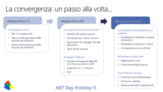 .NET Day #netday15
Windows Phone 7.5 Windows Phone 8.0
Convergenza con IE
• WP 7.5 includeva IE9
• Stesso rendering engine...
