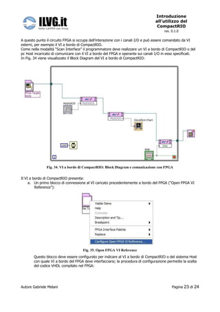 Introduzione
                                                                                 all’utilizzo del
                                                                                  CompactRIO
                                                                                       rev. 0.1.0

A questo punto il circuito FPGA si occupa dell’interazione con i canali I/O e può essere comandato da VI
esterni, per esempio il VI a bordo di CompactRIO.
Come nella modalità “Scan Interface” il programmatore deve realizzare un VI a bordo di CompactRIO o del
pc Host incaricato di comunicare con il VI a bordo del FPGA e operante sui canali I/O in esso specificati.
In Fig. 34 viene visualizzato il Block Diagram del VI a bordo di CompactRIO:




               Fig. 34. VI a bordo di CompactRIO: Block Diagram e comunicazione con FPGA


Il VI a bordo di CompactRIO presenta:
     a. Un primo blocco di connessione al VI caricato precedentemente a bordo del FPGA (“Open FPGA VI
         Reference”):




                                     Fig. 35. Open FPGA VI Reference
       Questo blocco deve essere configurato per indicare al VI a bordo di CompactRIO o del sistema Host
       con quale VI a bordo del FPGA deve interfacciarsi; la procedura di configurazione permette la scelta
       del codice VHDL compilato nel FPGA:




Autore Gabriele Melani                                                                      Pagina   23 di 24
 
