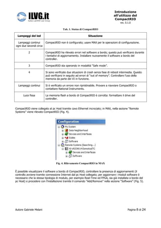 Introduzione
                                                                                   all’utilizzo del
                                                                                    CompactRIO
                                                                                         rev. 0.1.0

                                       Tab. 1. Status di CompactRIO

 Lampeggi del led                                            Situazione

  Lampeggi continui      CompactRIO non è configurato; usare MAX per le operazioni di configurazione.
ogni due secondi circa

          2              CompactRIO ha rilevato errori nel software a bordo; questo può verificarsi durante
                         i tentativi di aggiornamento. Installare nuovamente il software a bordo del
                         controller.

          3              CompactRIO sta operando in modalità “Safe mode”.

          4              Si sono verificate due situazioni di crash senza fase di reboot intermedia. Questo
                         può verificarsi in seguito ad errori di “out of memory”. Controllare l’uso della
                         memoria da parte dei VI in funzione.

  Lampeggi continui      Si è verificato un errore non ripristinabile. Provare a riavviare CompactRIO o
                         contattare National Instruments.

      Luce fissa         La memoria flash a bordo di CompactRIO è corrotta: formattare il drive del
                         controller.


CompactRIO viene collegato al pc Host tramite cavo Ethernet incrociato; in MAX, nella sezione “Remote
Systems” viene rilevato CompactRIO (Fig. 4).




                                  Fig. 4. Rilevamento CompactRIO in MAX


È possibile visualizzare il software a bordo di CompactRIO, controllare la presenza di aggiornamenti (il
controllo avviene tramite connessione Internet dal pc Host collegato; per aggiornare i moduli software è
necessario che la stessa tipologia di modulo, per esempio Real-Time ed FPGA, sia già installata a bordo del
pc Host) e procedere con l’installazione tramite il comando “Add/Remove” nella sezione “Software” (Fig. 5).




Autore Gabriele Melani                                                                          Pagina   8 di 24
 