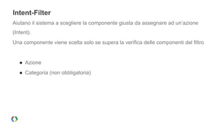 Intent-Filter 
Aiutano il sistema a scegliere la componente giusta da assegnare ad un’azione 
(Intent). 
Una componente viene scelta solo se supera la verifica delle componenti del filtro 
! 
● Azione 
● Categoria (non obbligatoria) 
! 
! 
 