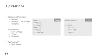 Tipizzazione 
● Tipi / oggetti “primitivi”: 
● Numeri; 
● Boolean (True, False); 
● Stringhe; 
● Strutture dati: 
● Liste (Array); 
● Tuple; 
● Dizionari; 
● Tipi “speciali”: 
● Nulli (None); 
>>> x = 3 Python 
>>> type(x) 
>>> <type 'int'> 
>>> x = 3.5 
>>> type(x) 
>>> <type 'float'> 
#include <stdio.h> C 
int main() { 
int x = 3; 
float y = 3.5; 
return 0; 
} 
 