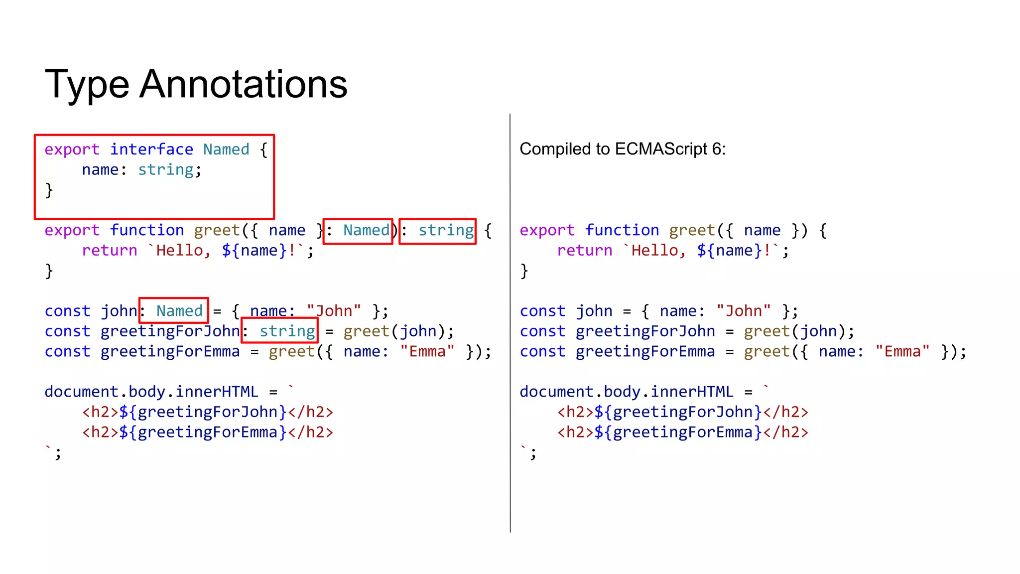 Type Annotations
export interface Named {
name: string;
}
export function greet({ name }: Named): string {
return `Hello, ${name}!`;
}
const john: Named = { name: "John" };
const greetingForJohn: string = greet(john);
const greetingForEmma = greet({ name: "Emma" });
document.body.innerHTML = `
<h2>${greetingForJohn}</h2>
<h2>${greetingForEmma}</h2>
`;
Compiled to ECMAScript 6:
export function greet({ name }) {
return `Hello, ${name}!`;
}
const john = { name: "John" };
const greetingForJohn = greet(john);
const greetingForEmma = greet({ name: "Emma" });
document.body.innerHTML = `
<h2>${greetingForJohn}</h2>
<h2>${greetingForEmma}</h2>
`;
 
