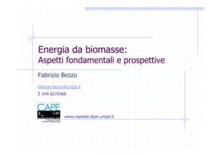 Energia da biomasse:
Aspetti fondamentali e prospettive
Fabrizio Bezzo
fabrizio.bezzo@unipd.it
 049 8275468



              www.capelab.dipic.unipd.it
 