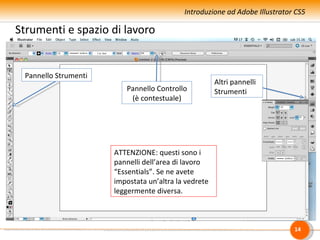 Introduzione ad Adobe Illustrator CS5

Strumenti e spazio di lavoro


 Pannello Strumenti
                                                      Altri pannelli
                         Pannello Controllo           Strumenti
                          (è contestuale)




                      ATTENZIONE: questi sono i
                      pannelli dell’area di lavoro
                      “Essentials”. Se ne avete
                      impostata un’altra la vedrete
                      leggermente diversa.



                                                                            14
 