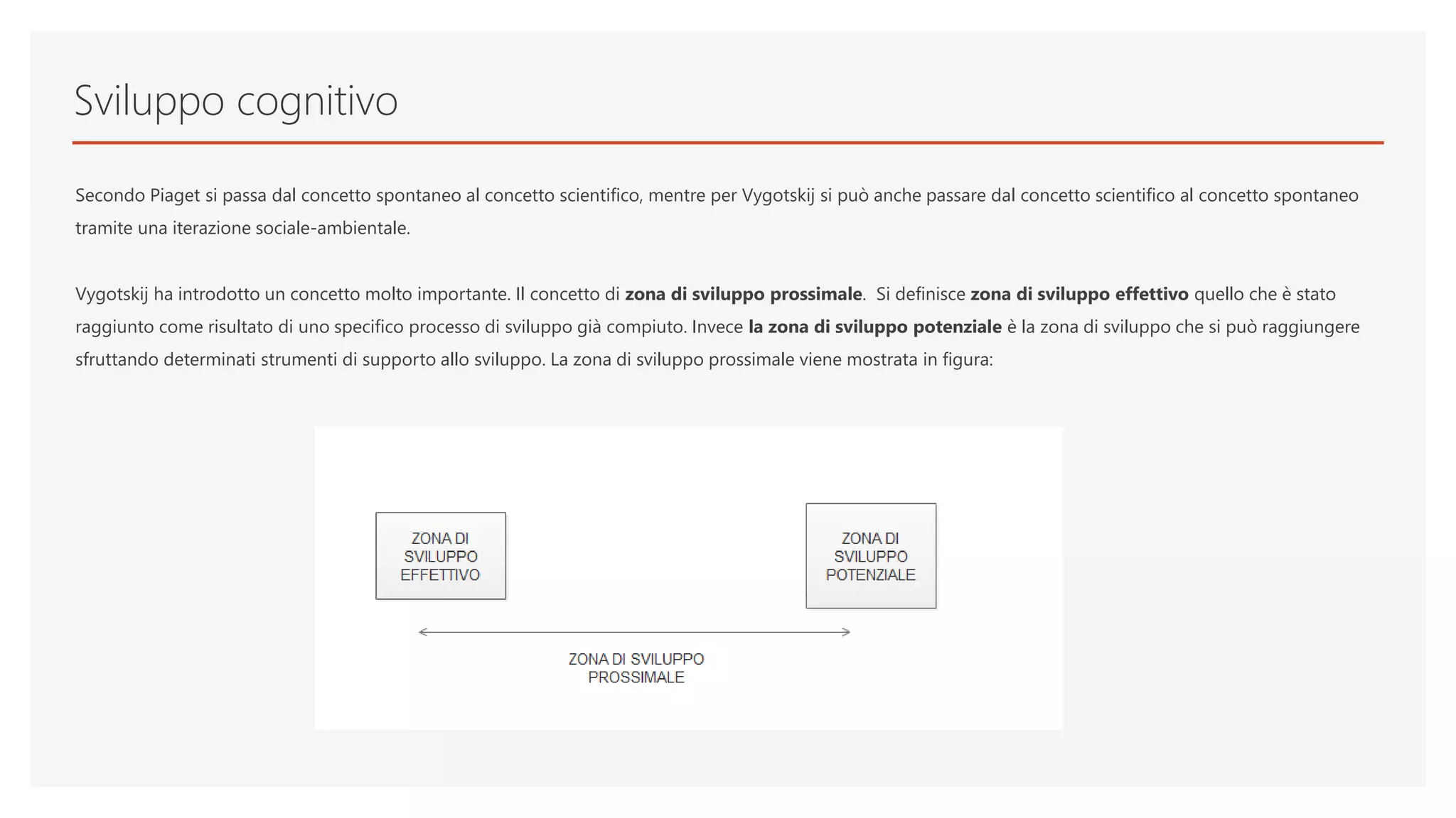 Sviluppo cognitivo
Secondo Piaget si passa dal concetto spontaneo al concetto scientifico, mentre per Vygotskij si può anche passare dal concetto scientifico al concetto spontaneo
tramite una iterazione sociale-ambientale.
Vygotskij ha introdotto un concetto molto importante. Il concetto di zona di sviluppo prossimale. Si definisce zona di sviluppo effettivo quello che è stato
raggiunto come risultato di uno specifico processo di sviluppo già compiuto. Invece la zona di sviluppo potenziale è la zona di sviluppo che si può raggiungere
sfruttando determinati strumenti di supporto allo sviluppo. La zona di sviluppo prossimale viene mostrata in figura:
 