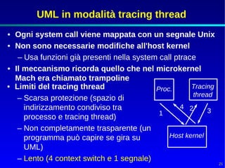 UML in modalità tracing thread
• Ogni system call viene mappata con un segnale Unix
• Non sono necessarie modifiche all'host kernel
   – Usa funzioni già presenti nella system call ptrace
• Il meccanismo ricorda quello che nel microkernel
  Mach era chiamato trampoline
• Limiti del tracing thread                Proc.      Tracing
                                                      thread
   – Scarsa protezione (spazio di
     indirizzamento condiviso tra                  4 2
                                                           3
                                            1
     processo e tracing thread)
   – Non completamente trasparente (un
     programma può capire se gira su           Host kernel
     UML)
   – Lento (4 context switch e 1 segnale)
                                                                21
 