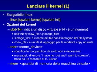 Lanciare il kernel (1)
• Eseguibile linux
  – linux [opzioni kernel] [opzioni init]
• Opzioni del kernel
  – ubd<N> indica un disco virtuale (<N> è un numero)
      ubd<N>=[<cow_file>,]<image_file>
      <image_file> è il nome del file con l'immagine del filesystem
      <cow_file> è un file di appoggio per la modalità copy on write

  – root=<nome_device>
      specifica la root partition, di solito non è necessaria
      messaggio di errore “I have no root and I want to scream”,
       tratto da un racconto di H. Ellison
  – mem=<quantità di memoria della macchina virtuale>
                                                                        29
 