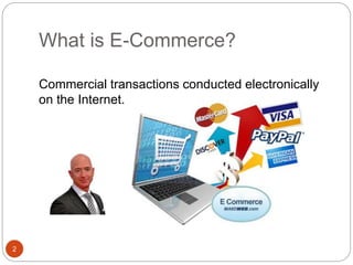 What is E-Commerce?
2
Commercial transactions conducted electronically
on the Internet.
 