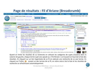Quand on limite les résultats de sa recherche en utilisant les catégories de sujets (clusters) dans la colonne de gauche, chaque terme sujet sera ajouté au « fil d’Ariane » se trouvant en haut de la liste des résultats. En cliquant sur un lien hypertexte de ce fil on exécute une recherche de ce seul terme. En cliquant sur l'icône  suivant un des termes de ce fil, on retire celui-ci de la liste et les résultats de recherche se rafraîchissent automatiquement Page de résultats : Fil d’Ariane (Breadcrumb) Introduction EBSCOhost - Antonin Benoît Diouf - 25/01/2010  
